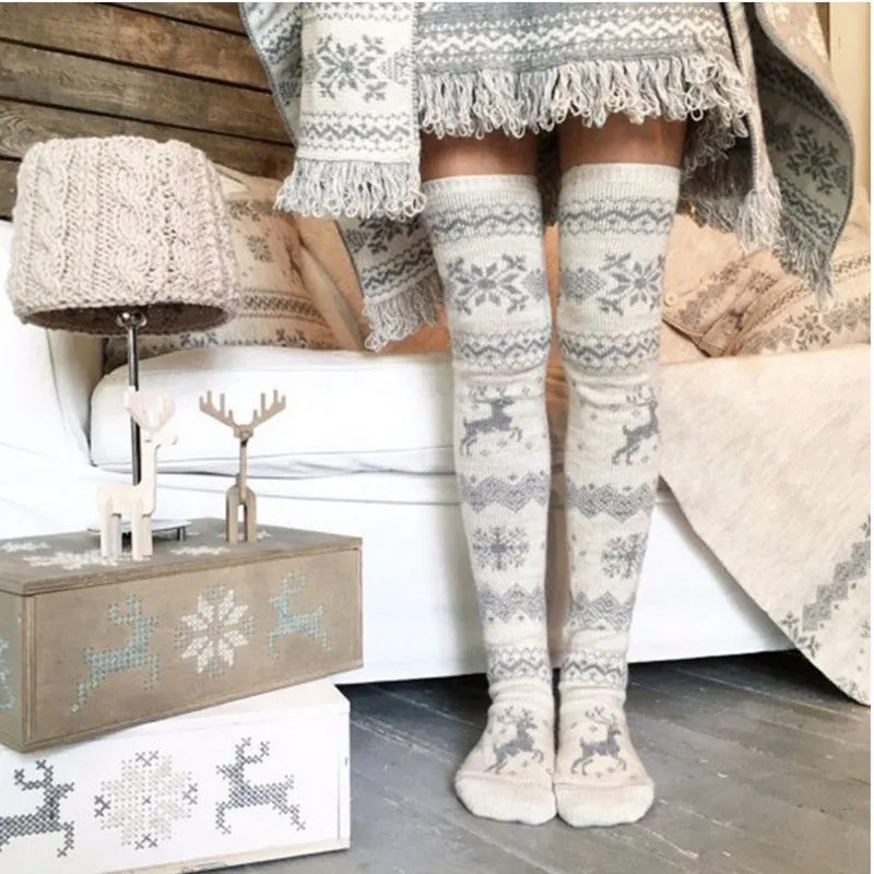 Snowflake Elk Socks European and American Style Christmas N Tube Thick Stockings Winter Warm Over The Knee Women | Женская одежда