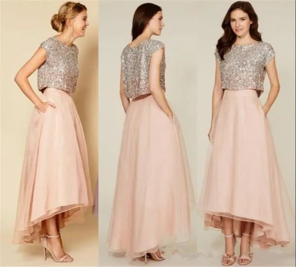 

Robe De Soirée Des Mariage 2020 Sequins Top Two Pieces Bridesmaid Dresses with Pockets High Low A Line Bride Party Formal Dress