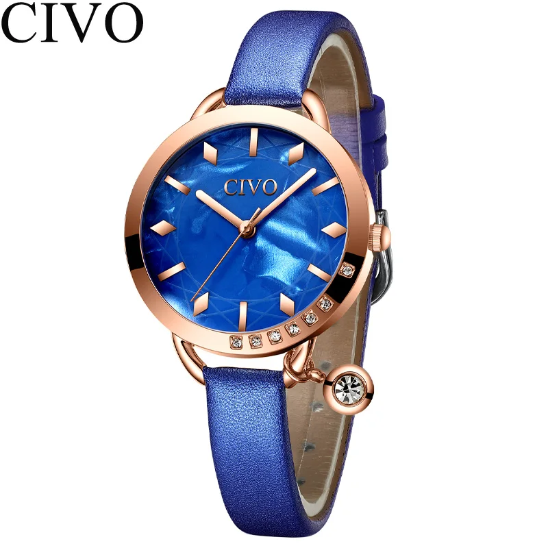 leather blue Relogio feminino CIVO модный синий кожаный ремешок женские наручные часы Роскошные Кристальные водонепроницаемые повседневные часы женские подарочные часы - Цвет: leather blue
