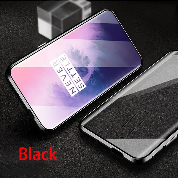 Black Магнитный адсорбционный чехол для телефона OnePlus 7 Pro One Plus 6 T, задняя крышка из закаленного стекла для Oneplus 6 5 T, Роскошный металлический Прозрачный чехол - Цвет: Black
