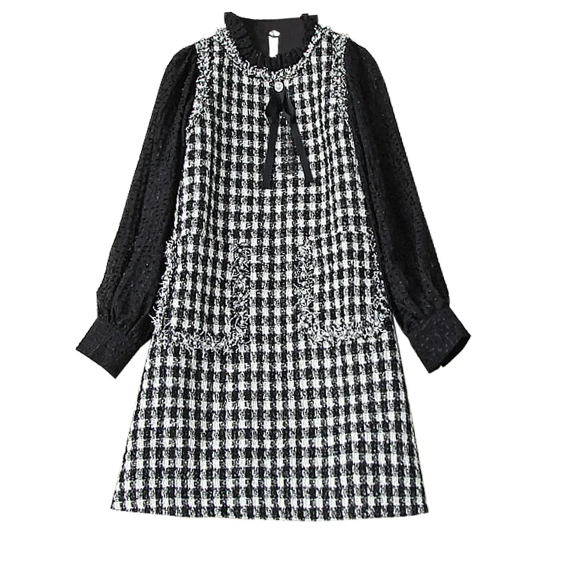 

2020 Autumn Runway Designers Women Clothes Long Sleeve Bowknot Plaid Patchwork Loose Casual Tweed Woolen Dress Winter Vestidos