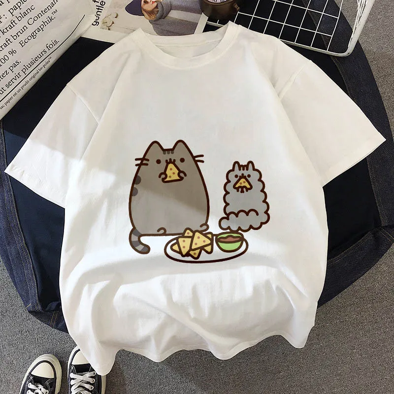 Kawaii, футболка с толстым котом, женская, новинка, летняя, милая, модная, короткий рукав, футболка, белая, тонкая, с секциями, хипстер, футболка, Топы, одежда