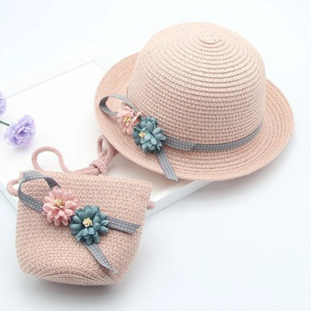 

With Bag Sunscreen Summer Beach Children Sun Hat Set Comfortable Foldable Boys Girls Travel Straw Attractive Flower Fashion