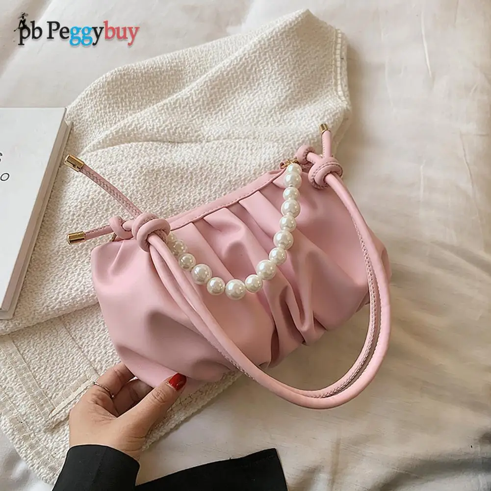 

New Casual Pure Color Chain Handbag Vintage Women PU Leather Pleated Shoulder Bag Solid Color Pearl Messenger Bags
