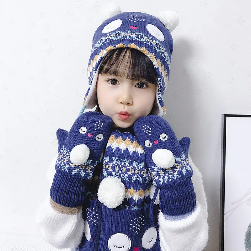 Для девочек шапка шарф перчатка набор зимняя ушанка шапочка флис теплый 3