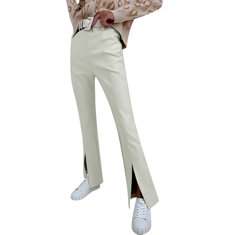 

IMCUTE Women High Waist Straight Pants PU Leather White Split Loose Spring Autumn Elastic Stretch Solid Casual Trousers