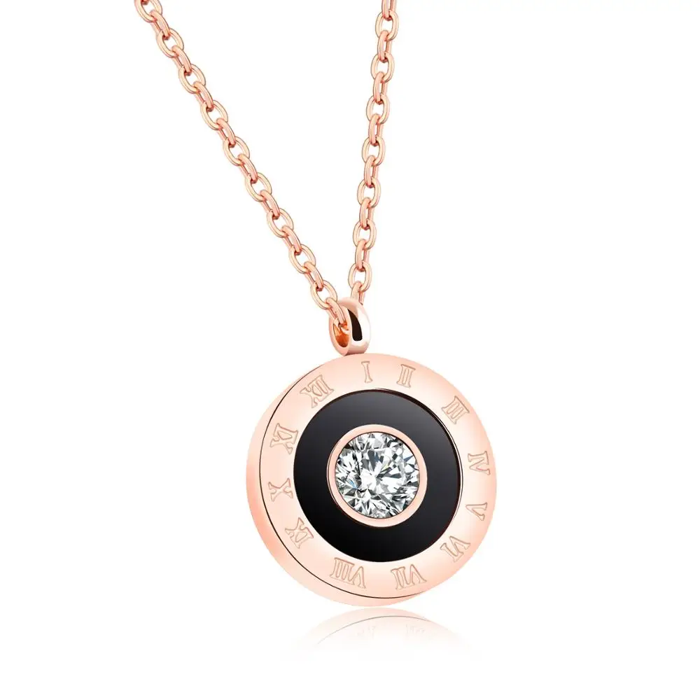 

Women's Cubic Zirconia Necklaces Round Roman Numerals Pendants & Necklaces Rose Gold Color Stainless Steel Female Jewelry Gift