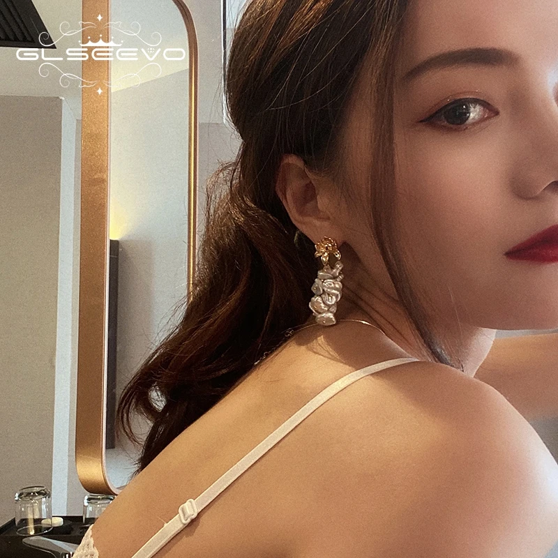 

GLSEEVO Natural Fresh Water Baroque Pearl Drop Earrings For Women Wedding Dangle Flower Earrings Luxury Handmade Jewelry GE0310