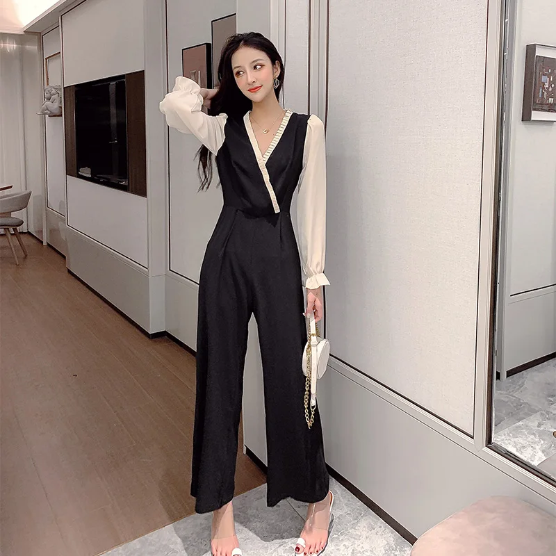 

Black Bodysuit Women's Retro French Style Bubble Long Sleeve Bodysuit 2021 Summer Loose High Waist Wide Leg Pants