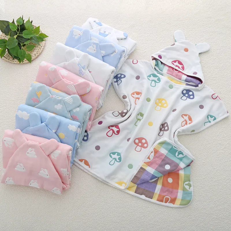 

6 Layers Baby Boys Bath Towels Ultra-soft Kids Hooded Cloak Cartoon Gauze Infant Bibulous Bathrobe Beach Towel 60*60cm