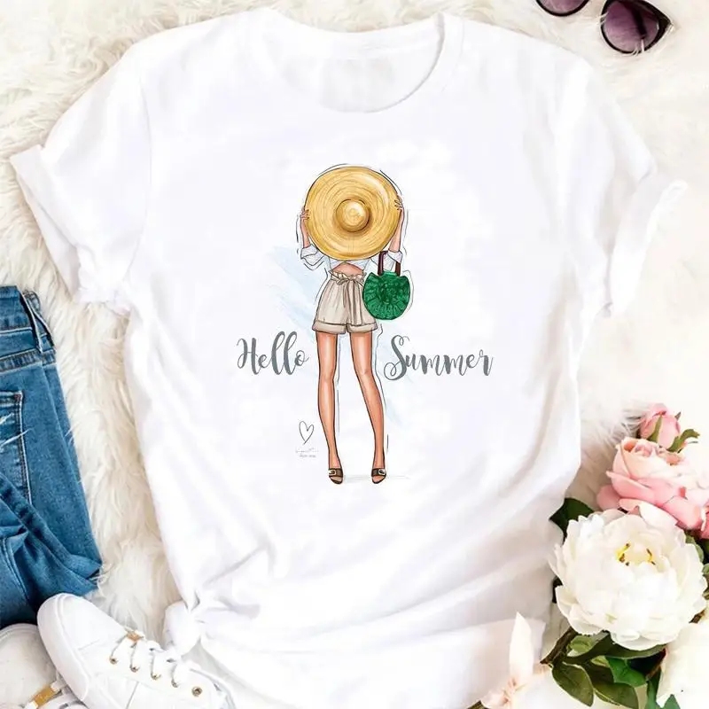 

Женские летние футболки, пляжные, праздничные, с рисунком Happy Time, модная мультяшная одежда с коротким рукавом, женская футболка с графически...