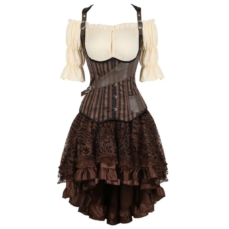 

Steampunk Corset Dress Renaissance Blouse Gothic Vintage Faux Leather Corset Floral Lace Skirt Sets 3 Piece Cosplay Costume