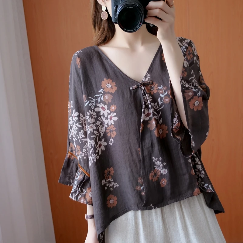 

Mori Style Floral Print T-shirt Female Thin Type Sunscreen Blouse 2021 Summer Loose plus Size Bell Sleeve Linen Chinese Knot