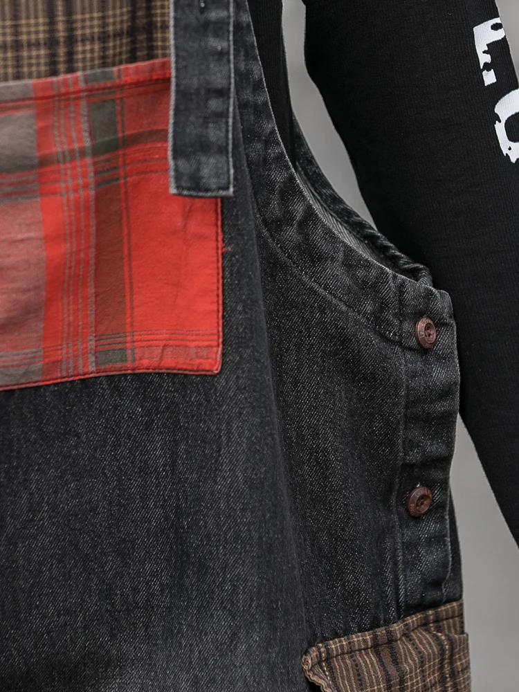 

QING MO Women Denim Overalls Pant 2021 New Women Plaid Patchwork Pants Female Ankle Length Pants Hig Quality ZQY6377