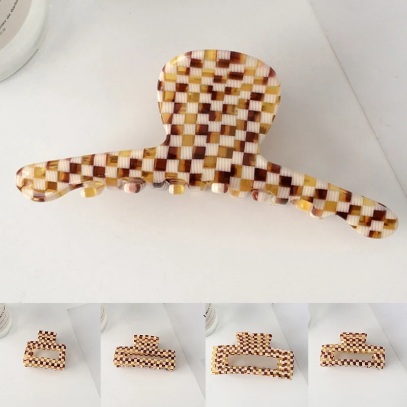 

Geometric Acetate Hair Claw Banana Clip Vintage Coffee Plaid Lattice Ponytail Holder Barrette Hollow Out Hair Clamp