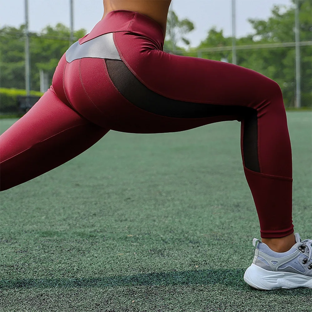 Women High Waist Tight Leggings Workout Yoga Push-up Yoga Pants Mesh and PU Leather Stitching Tights  Plus Size Womens S-XL