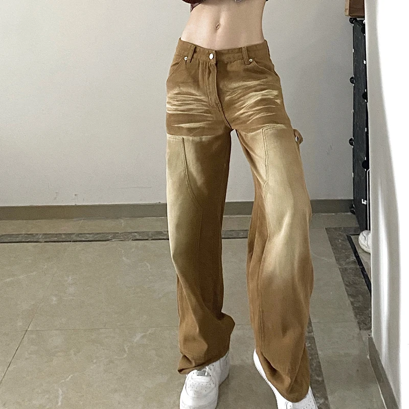 

Women Casual Denim Pants Straight High Waist Jeans Wide Leg Trousers Loose Baggy Pants with Pockets Y2K Teens Streetwear