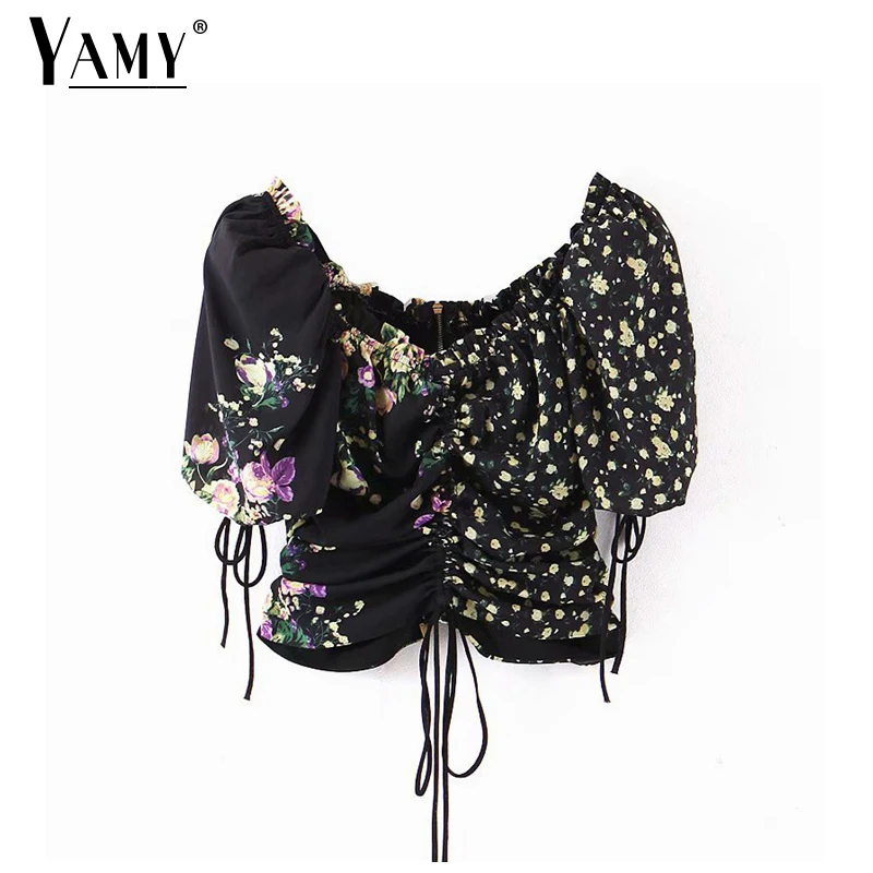 Черная Женская блузка с пышными рукавами шифоновая коротким рукавом Корейская