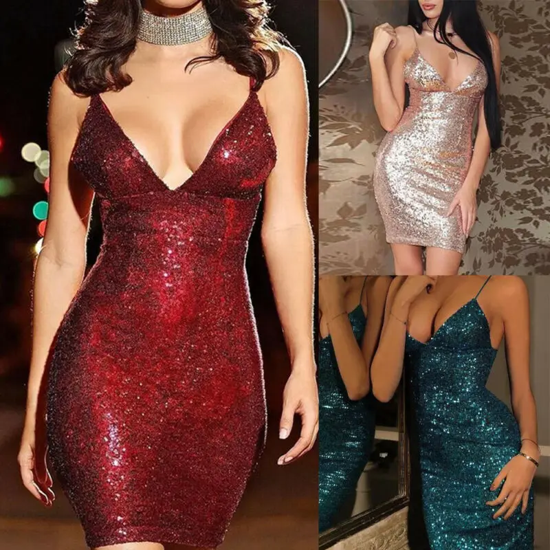 Новое Сексуальное Женское платье с v образным вырезом и блестками облегающее