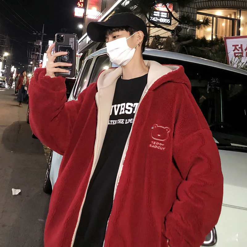 Hooded Lamb Wool Cotton-Padded Jacket Men's Autumn and Winter New Loose Trendy Two-Sided Wear Cotton Coat Jacket Fashion Brand