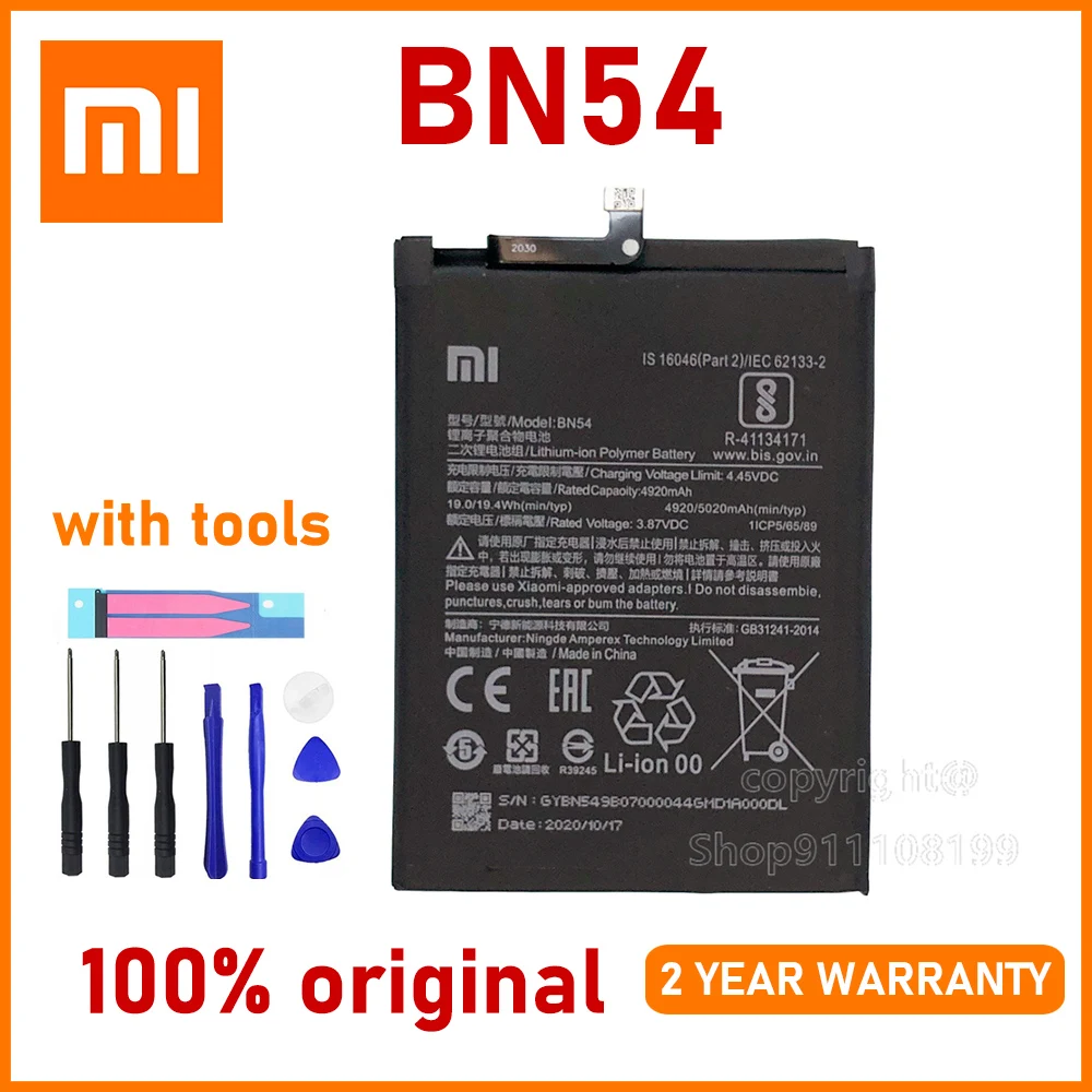 

Xiao Mi Original 4920mAh BN54 Battery For Xiaomi Redmi Note 9 Redmi 10X 4G High quality Batteries With Tools+Tracking number