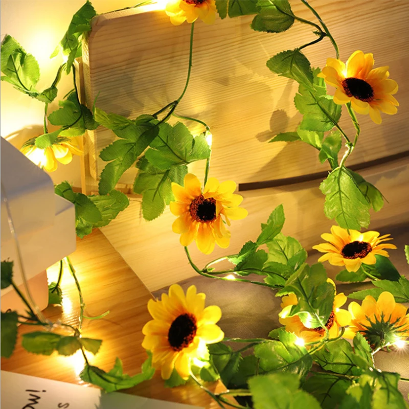 

2M 20led Sun Flower Fairy Led String Light Artificial Plants Vine Garland Copper Flexible String Light For Wedding Home Decor