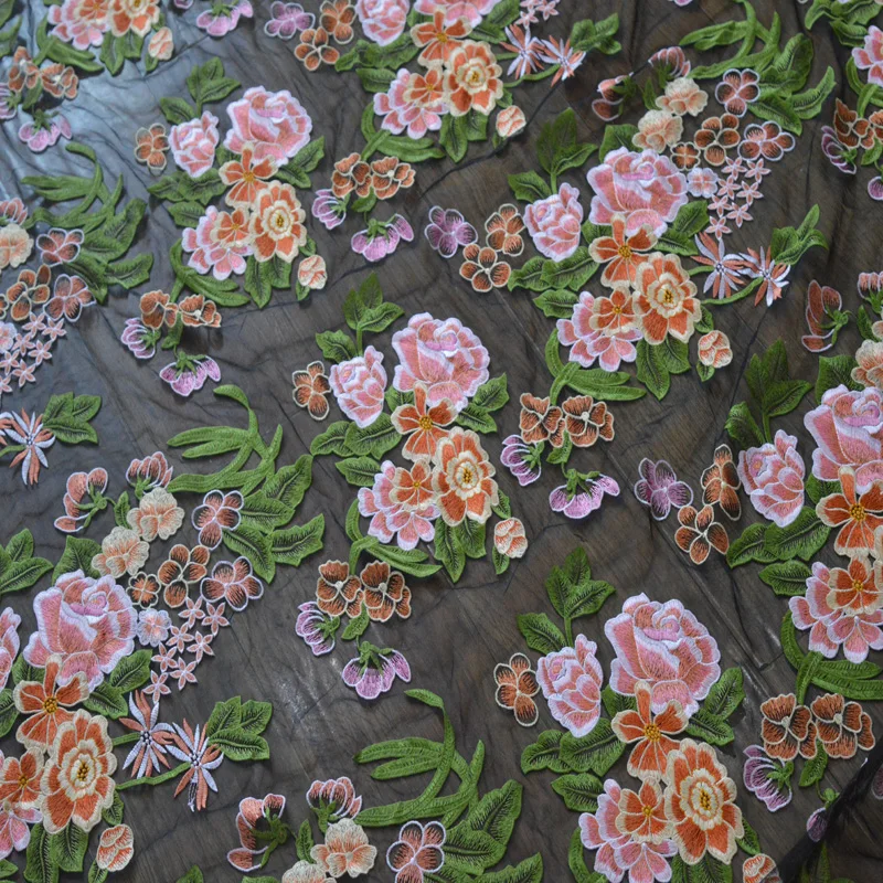 

130cm Wide (1order=130cm*1Yard)Black Translucent Mesh Pink Color Floral Lace Fabric For Garments And Wedding Decoration