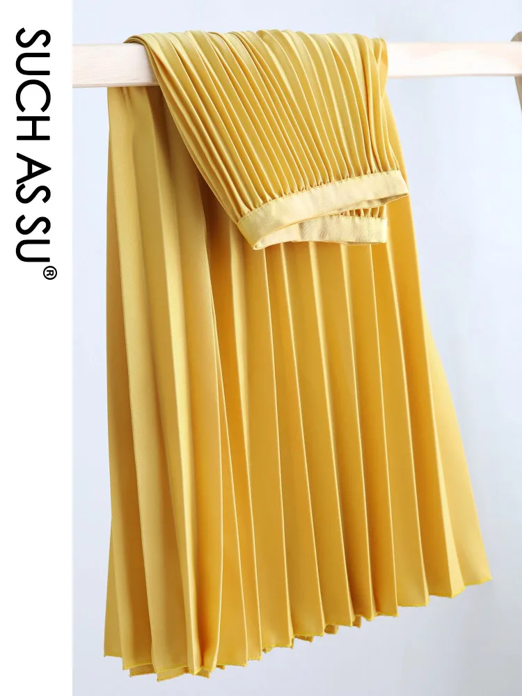

2021 Spring Summer Women Pleated Black Blue Green Coffee Yellow White Knitted High Waist Skirts Female Mid Long Big Swing Skirt