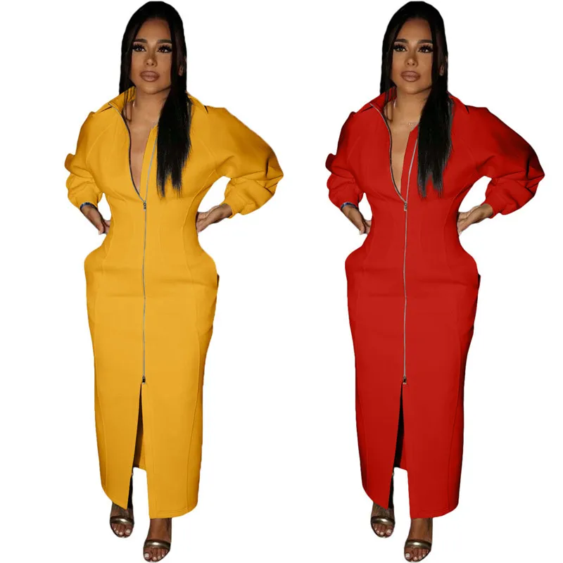

WUHE Zipper Fly Slit Long Sleeve Turn-down Neck Maxi Dress Women Solid Streetwear Elegant Autumn Winter Long Dresses