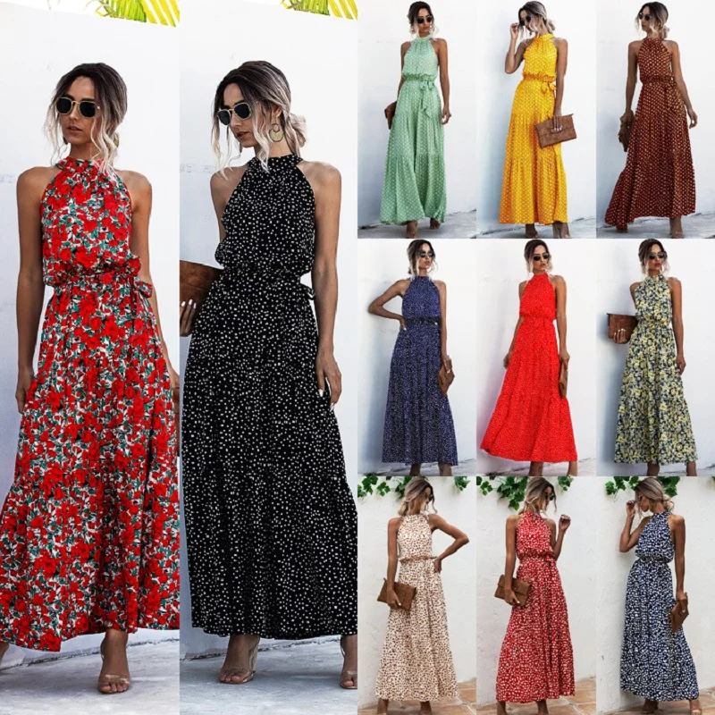 

Summer Elegant beach Women Dress 2020 long Print Flowers Polka-dot strap Ladies Halter boho Dress Vintage party ladies Dress