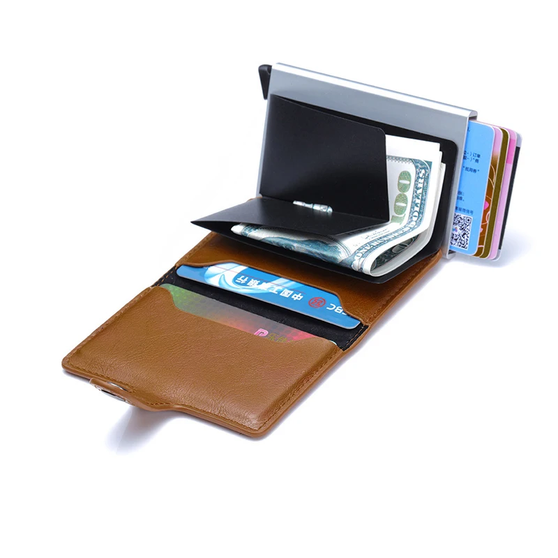Мужской кредитный держатель для карт на застежке, RFID Блокировка, кожзам, металл, мужские кошельки, мини ID карта, алюминиевый кошелек, унисекс, держатель для карт, автоматический