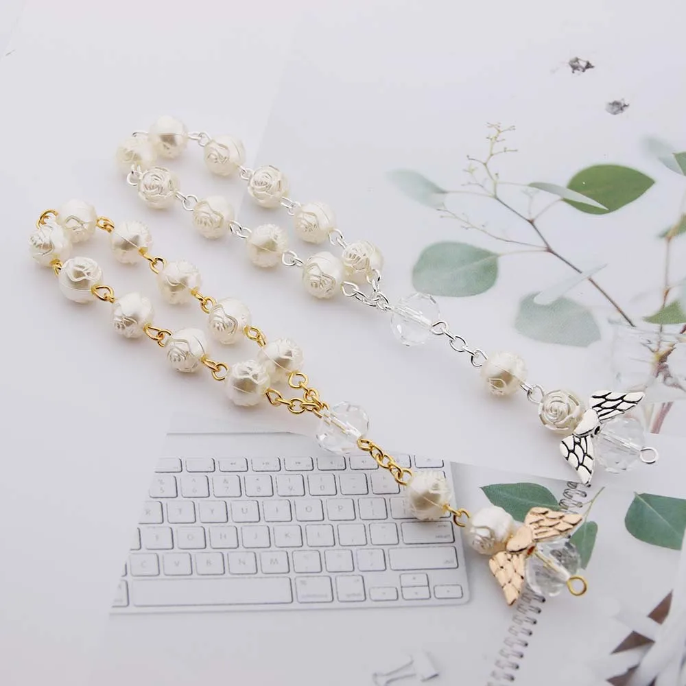 

Handmade White Pearl Beads Chain Bracelet for Women Angel Baptism Chaplet Braclet for Girl Jesus Christ Prayer Bracelet Jewelry