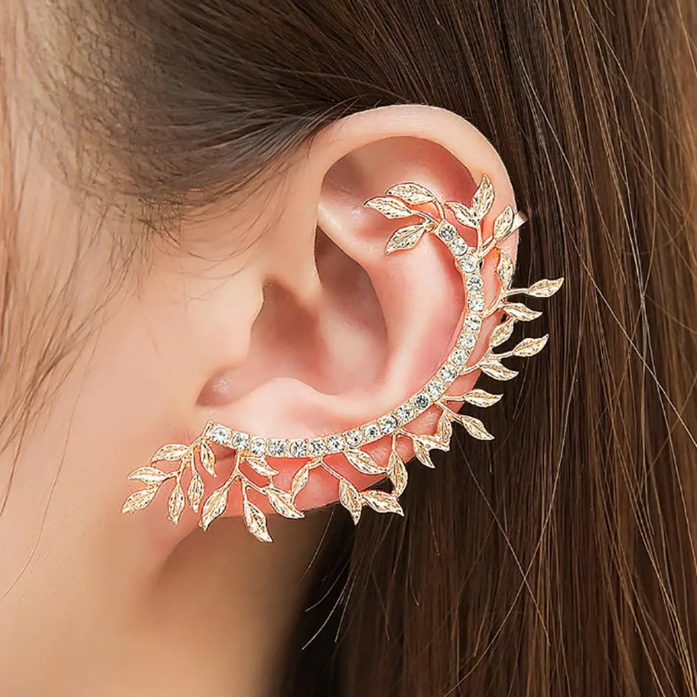 

1Pc Vintage Leaf Curved Full Rhinestone Ear Cuff Women Clip On Earrings Jewelry