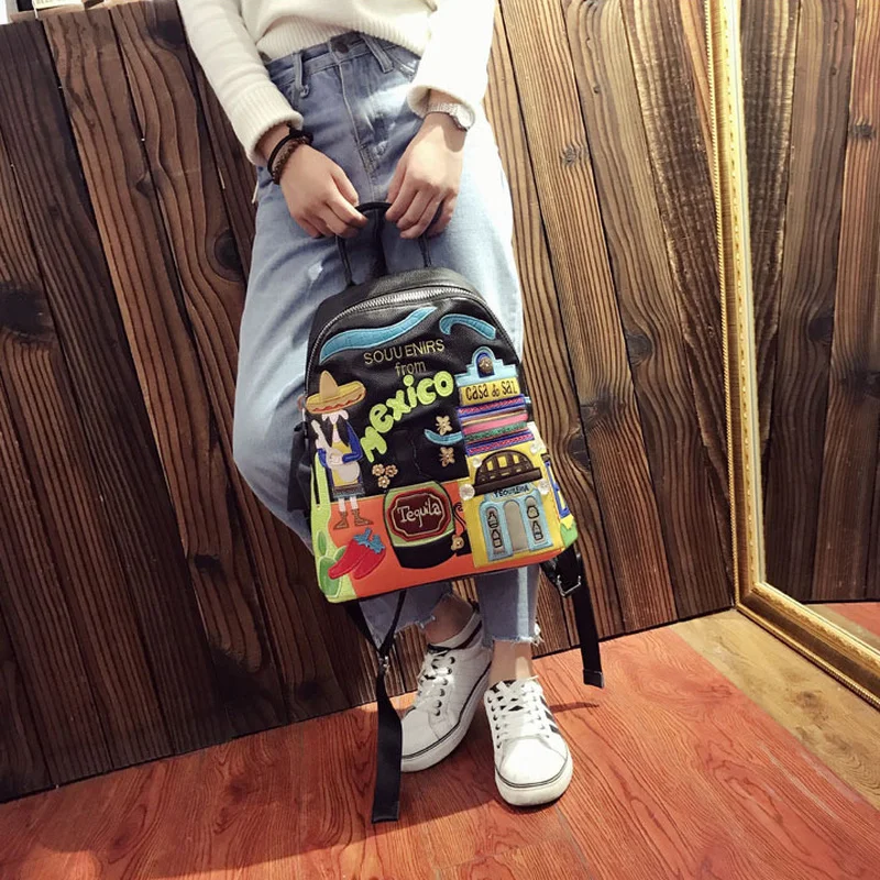 

2021 Personalized Embroidery Backpack Female Bag Lychee Pattern PU Backpack Large Capacity Travel and Leisure School Bag