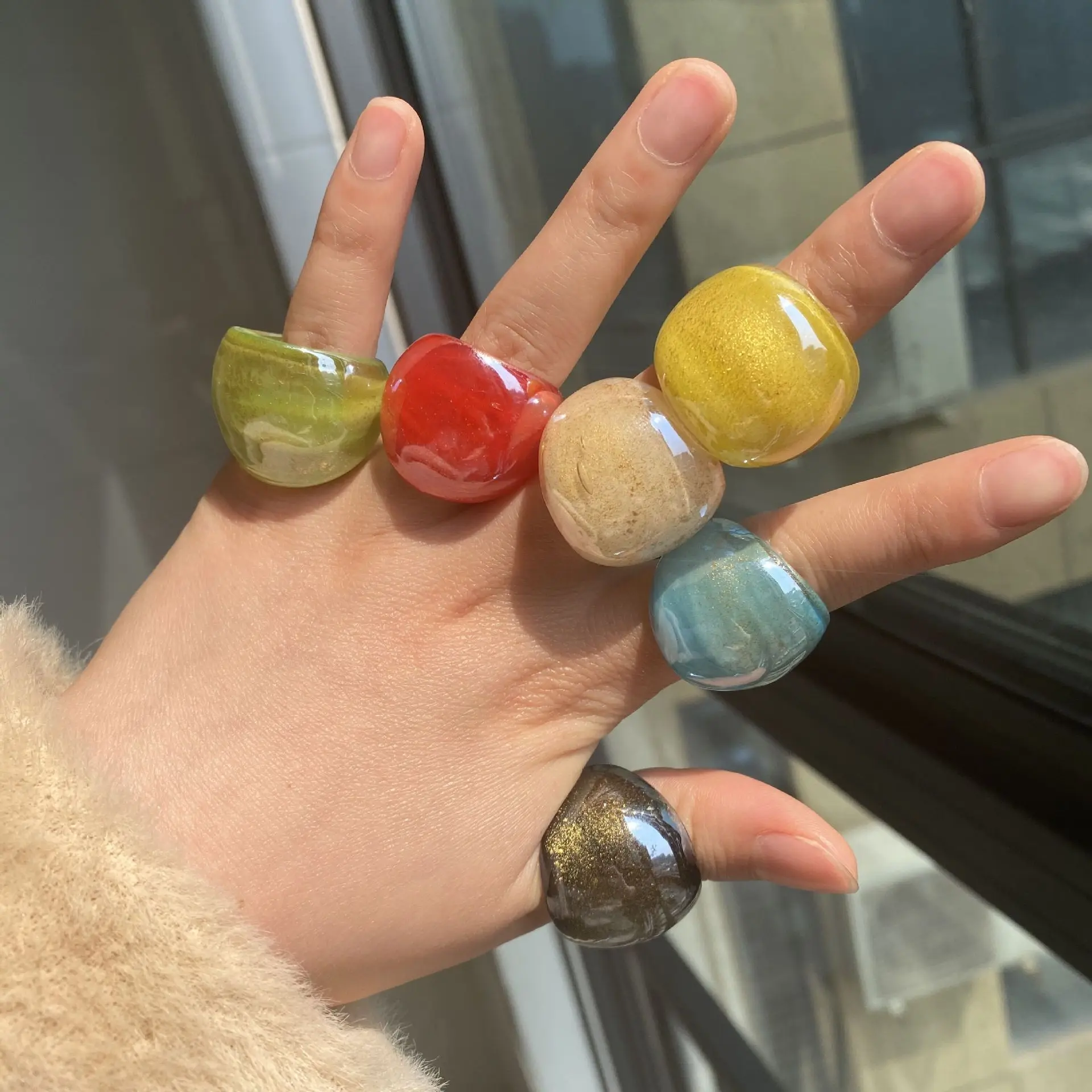 

INS Fashion Colorful Glass Rings for Women Bohemian Luxury Unique Candy Color Finger Engagement Rings Jewelry
