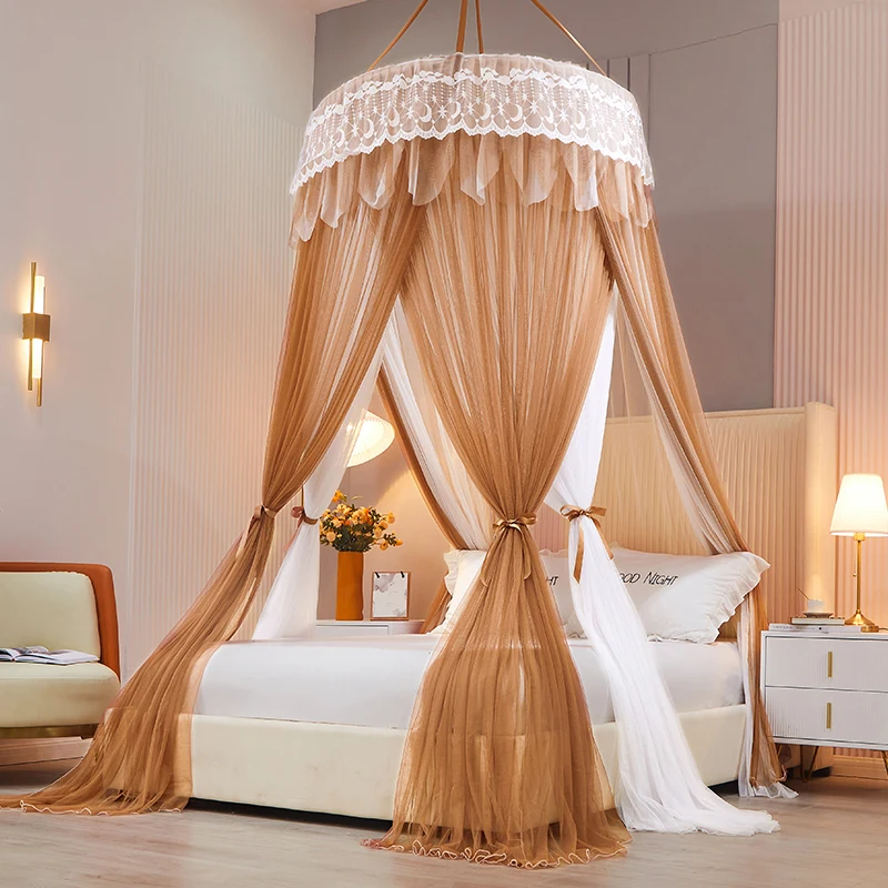 

2021 Mosquito Net Luxury Lace Romantic Hung Dome Ceiling Mesh Double Layer Netting Folding Summer Insect Canopy For 1.2-2.0M Bed