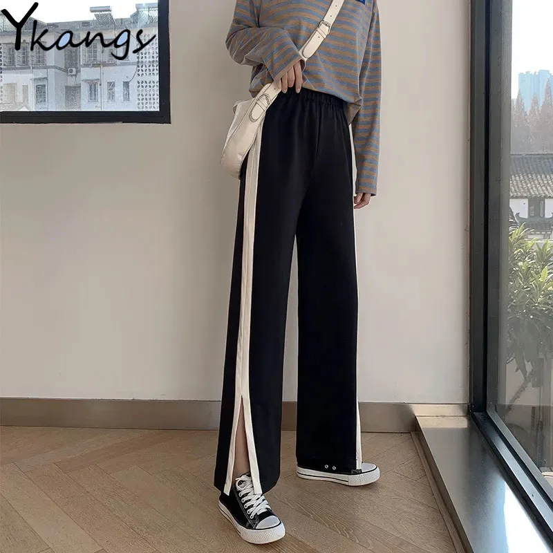 

Harajuku Slit Side Striped Pants Elastic High Waist Pant Loose Casual Streetwear Trousers Split Fork Baggy Wide Leg Pants Female