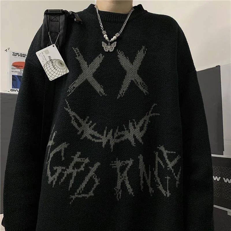 

HOUZHOU Gothic Grunge Print Oversize Black Sweaters Women Emo Streetwear Knitted Jumper Female Mall Goth Harajuku Winter Tops