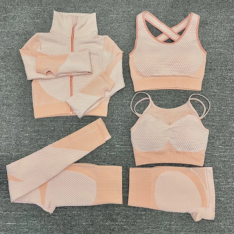 

2/3/5PCS Seamless Women Zipper Yoga Set Workout Sportswear Gym Clothing Fitness Long Sleeve Crop Top High Waist Free Shipping