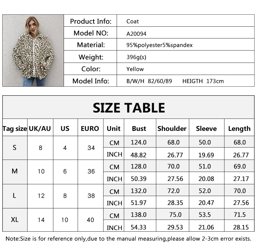 

Womens jacket Winter Warm Coat Leopard Print Loose Long Sleeve High Neck Side Pocket Zipper Plush Teddy Jacket clothes women