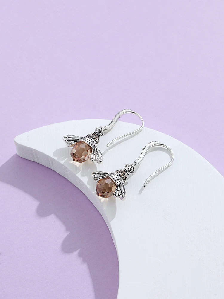 

LEKANI 925 Sterling Silver Jewelry Shiny CZ Vintage Bee Animal Drop Earrings For Women Orange Austria Crystal Earring Party Gift
