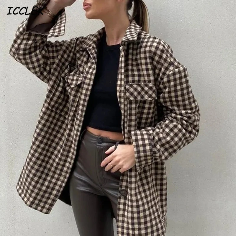 

Za Women's Shirts Khaki Blouses Plaid Oversize Blusas Mujer Spring Vintage Jackets Long Sleeves Pockets TRF Loose Casual Coats