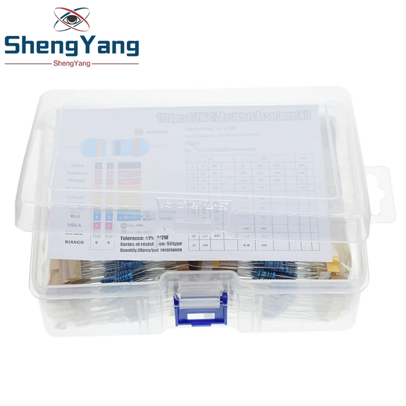 

1120Pcs 1/2W 0.5W 1% 1-2.2M Ohm 56Values Metal Film Resistor 0.5W Resistance Assorted Kit Set For Arduino
