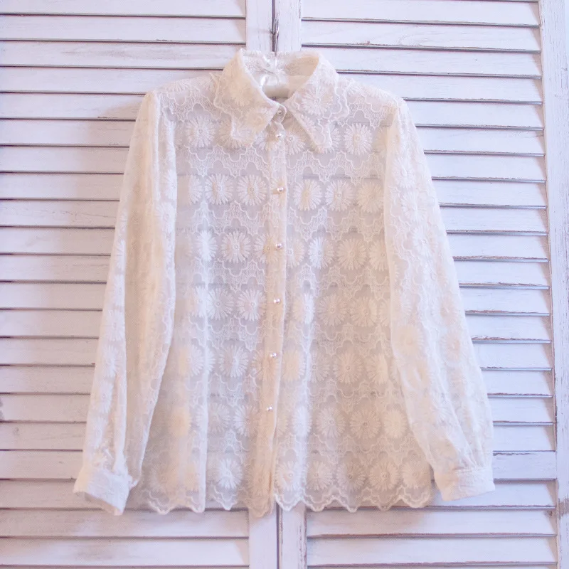 

organza girl women vintage turn down collar long sleeve cute blouse