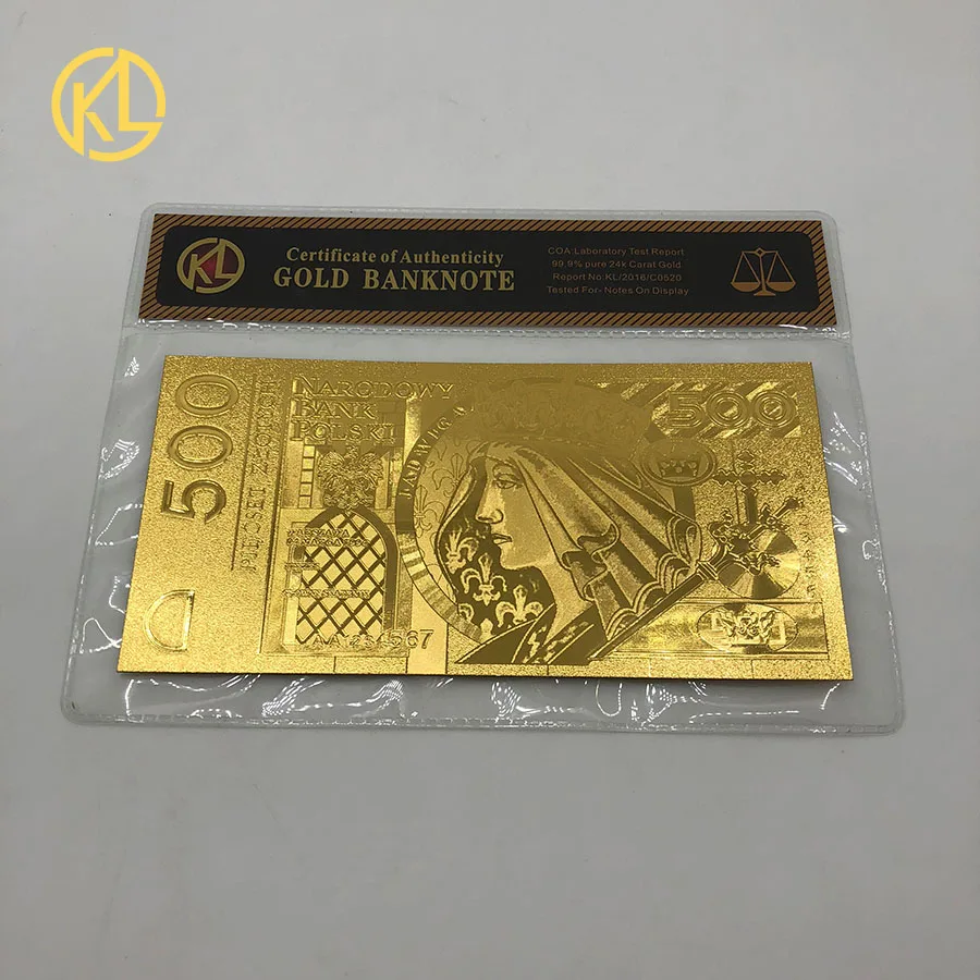 500PLN1994 Горячее предложение, 1 шт., неизданный выпуск 1994 года, польская валюта, спроектированная цветная 24K позолоченная банкнота 500 злотых для банка, сувенирные подарки - Цвет: 500PLN1994