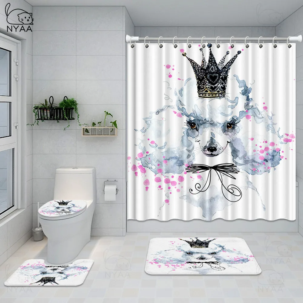Comprare Simpatici Cani Modello Stampato Tenda Da Doccia Impermeabile Piedistallo Tappeto Coperchio Coperchio Tappetino Da Bagno Set Bulldog Francese Tenda Da Bagno