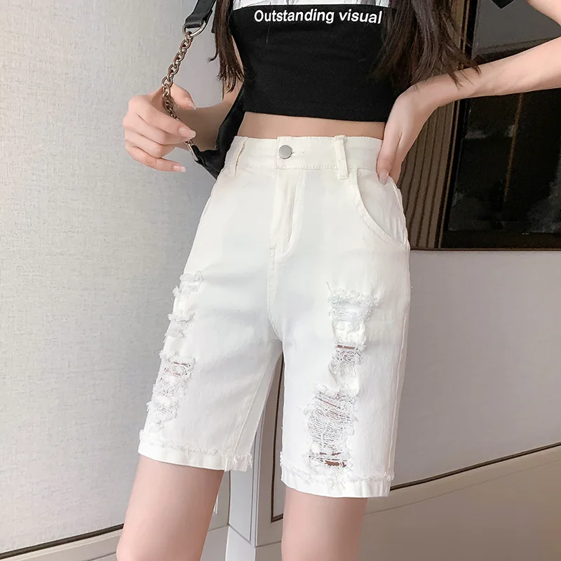 

High Waist Jeans Shorts Women Ripped Holes Summer Thin Straight Solid White Casual Jeans Femme Mujer Bottom Fold Denim Short