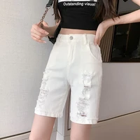 high waist jeans shorts women ripped holes summer thin straight solid white casual jeans femme mujer bottom fold denim short