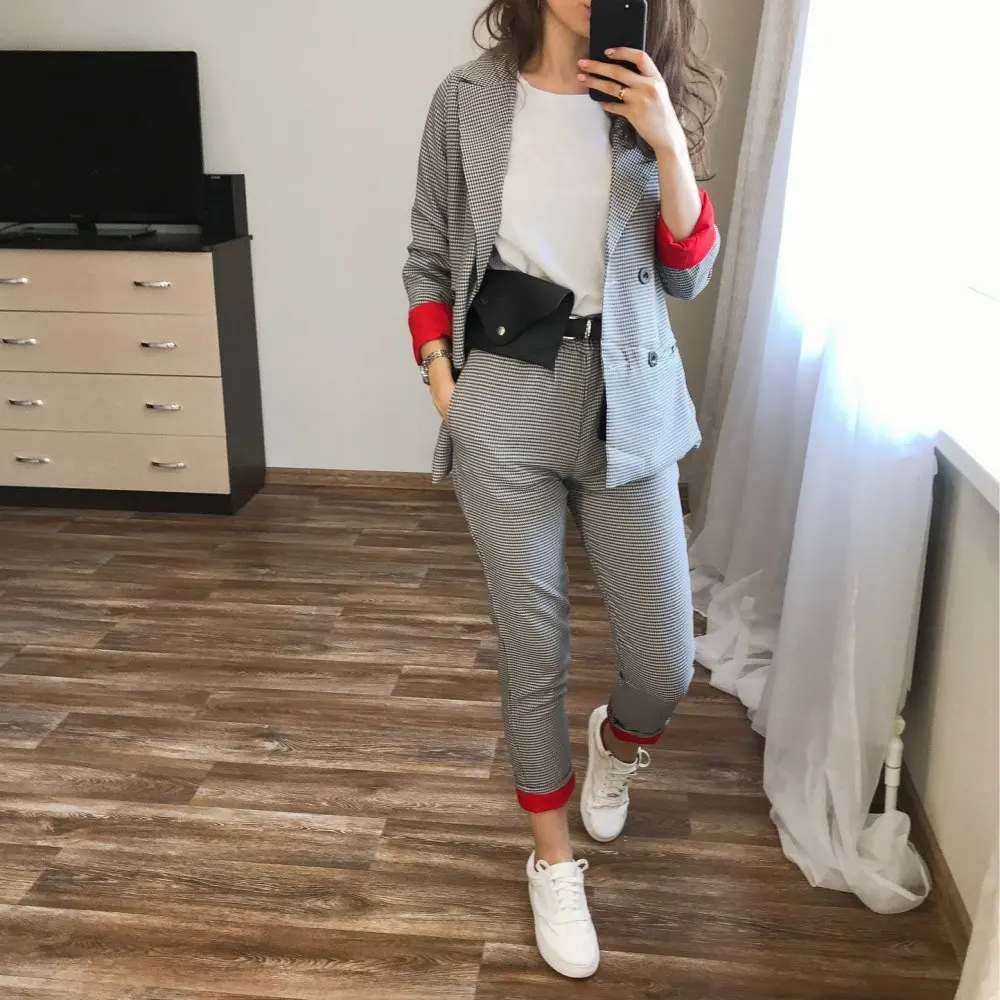 Комплект из двух предметов женский костюм с пиджаком в клетку офисный Женский