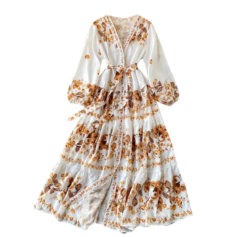 

Spring Autumn Women's Dresses Retro Palace Style Printed V-neck Dress New Single-breasted Lace-up Waist Slim Dresses LL942